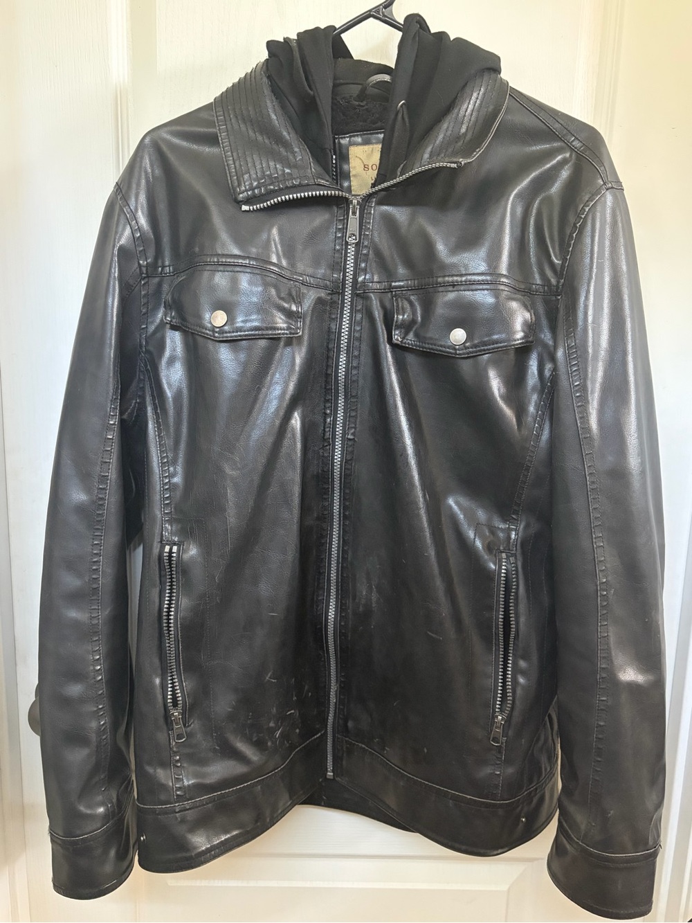 Men's Black Faux Leather Zip Jacket with Hood